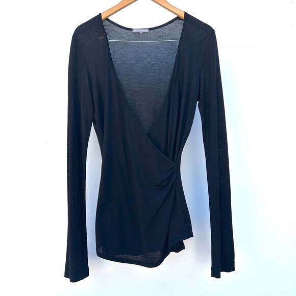 James Perse Deep V Faux Wrap Long Sleeve Thin Cotton Shirt Extra Large XL Black - Picture 2 of 8
